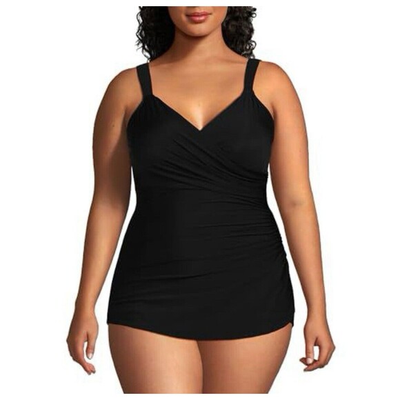 Lands' End Womem Slender V-Neck Tunic 1 Piece Swimsuit Size Black Regular 10 New - Picture 1 of 4